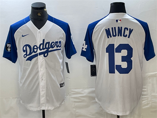 Men's Los Angeles Dodgers #13 Max Muncy White/Blue Vin Patch Cool Base Stitched Baseball Jersey Men's Los Angeles Dodgers #13 Max Muncy White/Blue Vin Patch Cool Base Stitched Baseball Jersey